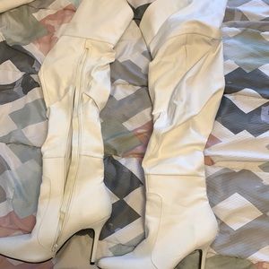 Ruched white thigh high boots